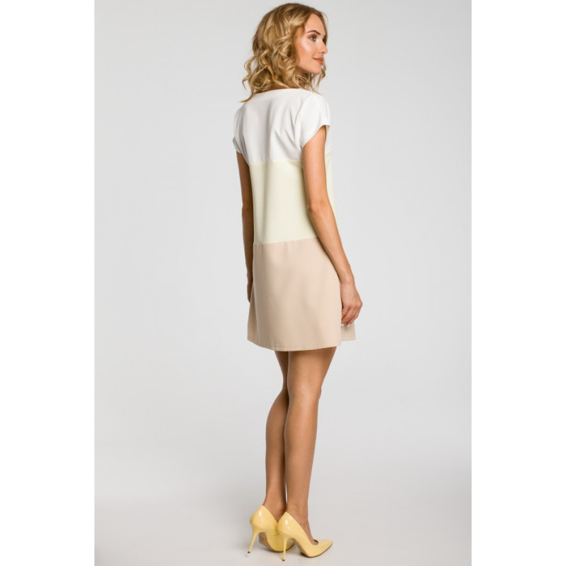 M105 Trapezowa sukienka w trzy pastelowe pasy - żółta