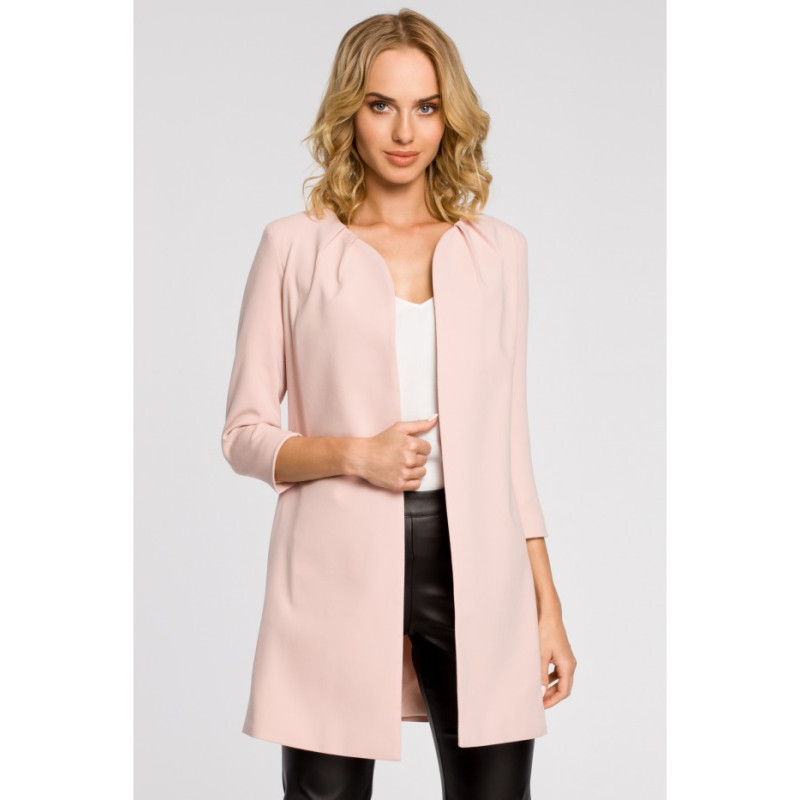 M193 Prosty niezapinany żakiet damski midi - pudrowy