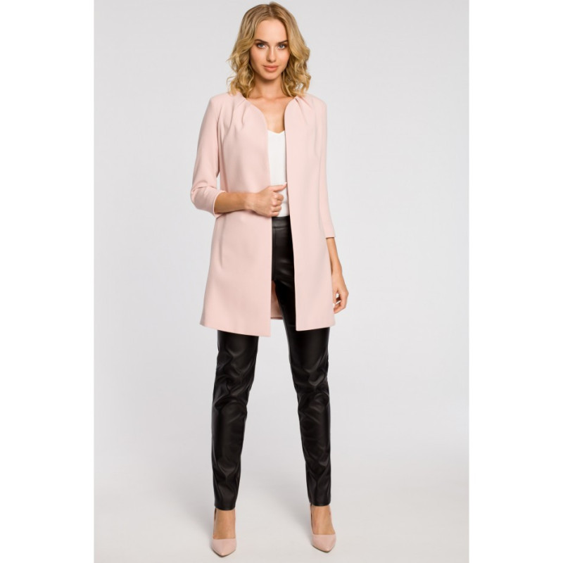 M193 Prosty niezapinany żakiet damski midi - pudrowy