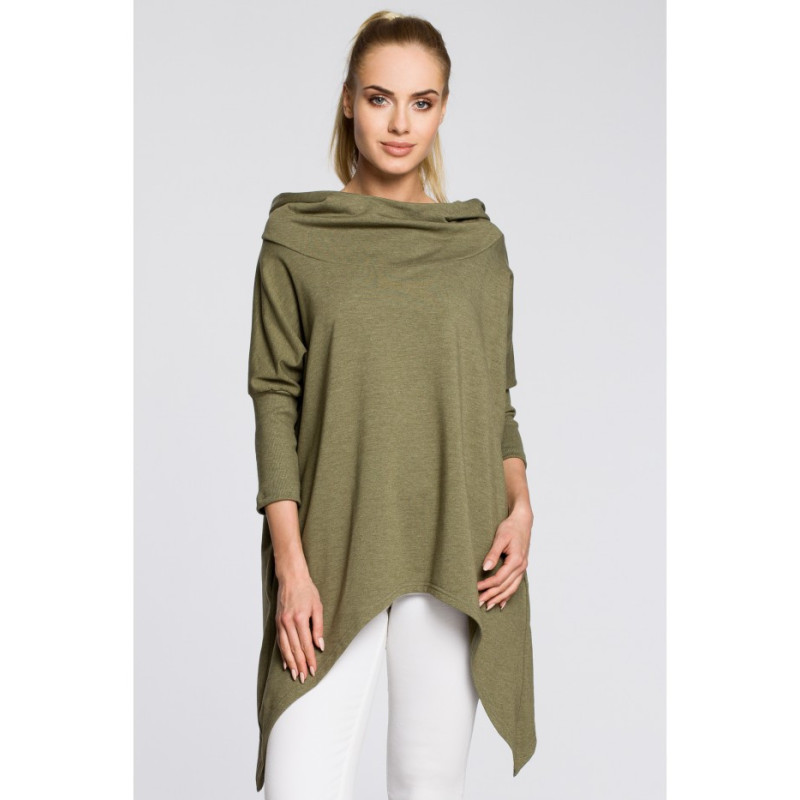 M207 Asymetryczna peleryna damska z kapturem - khaki