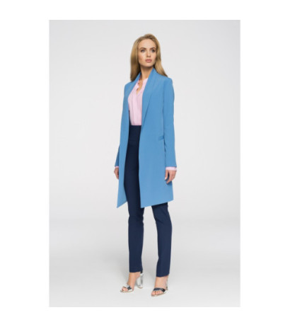 S071 Długi niezapinany blezer damski - niebieski