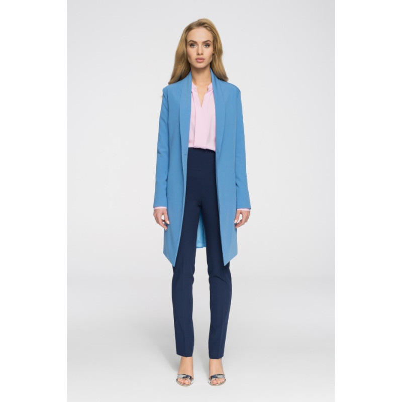 S071 Długi niezapinany blezer damski - niebieski