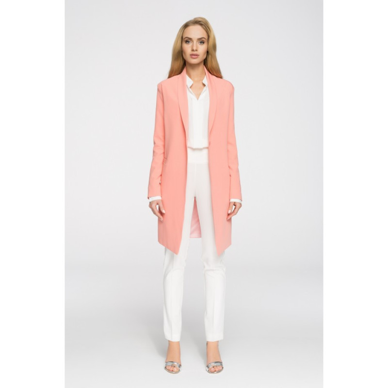 S071 Długi niezapinany blezer damski - łososiowy