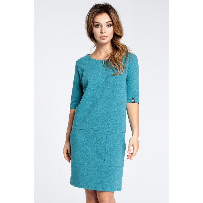 B033 Klasyczna sukienka z kieszeniami - szmaragdowa