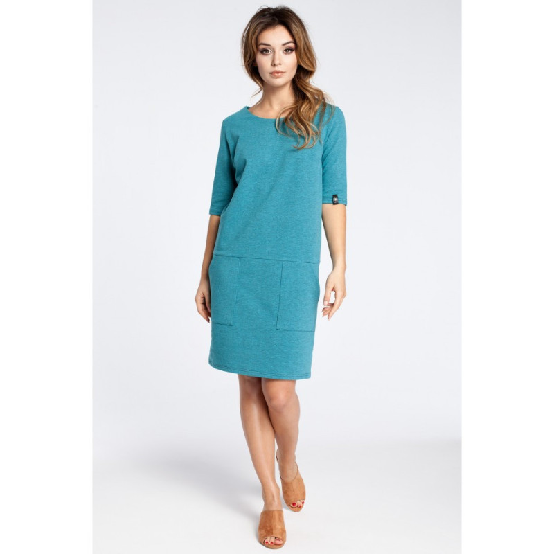 B033 Klasyczna sukienka z kieszeniami - szmaragdowa