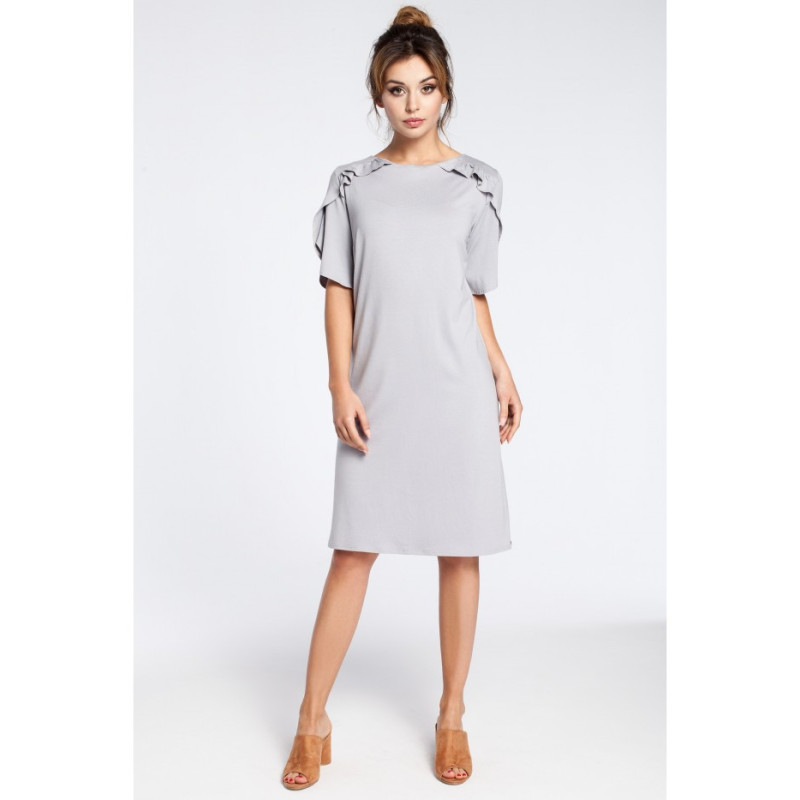 B035 Elegancka sukienka midi z falbankami - szara
