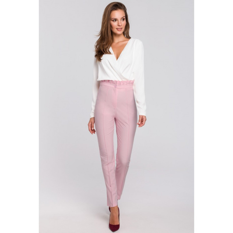 K008 Spodnie z wysokim stanem i falbanką - liliowe