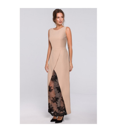 K012 Długa sukienka wieczorowa z koronkowym dołem - beżowa