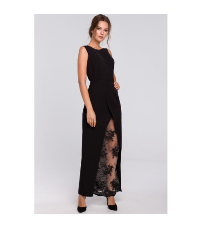K012 Długa sukienka wieczorowa z koronkowym dołem - czarna