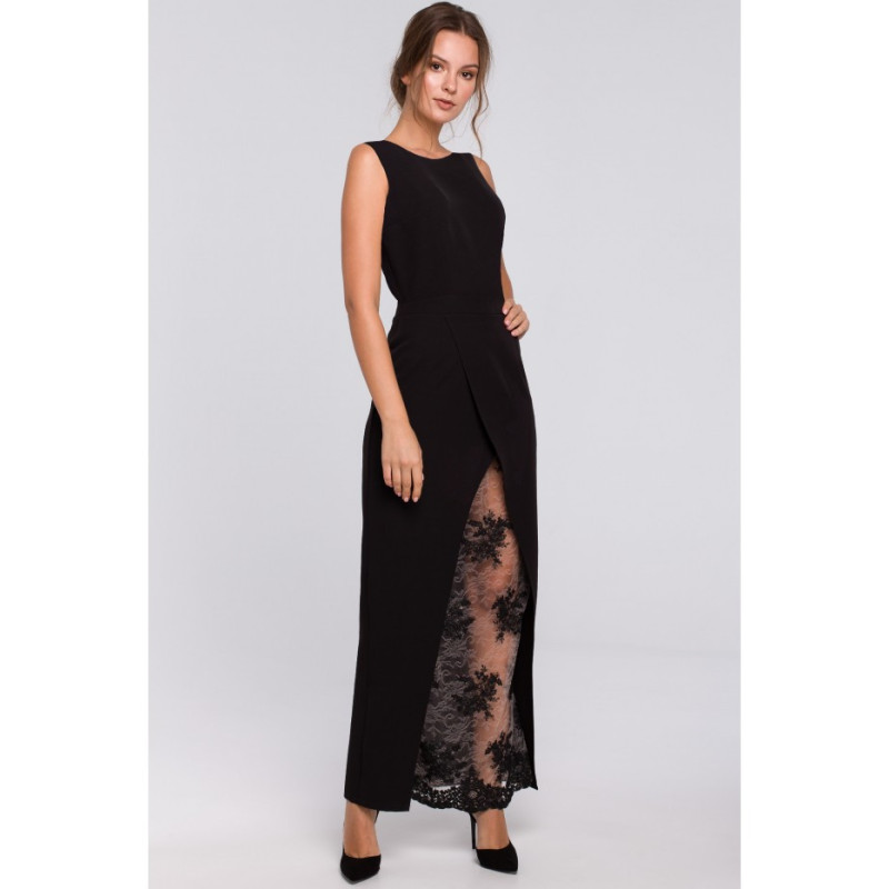 K012 Długa sukienka wieczorowa z koronkowym dołem - czarna