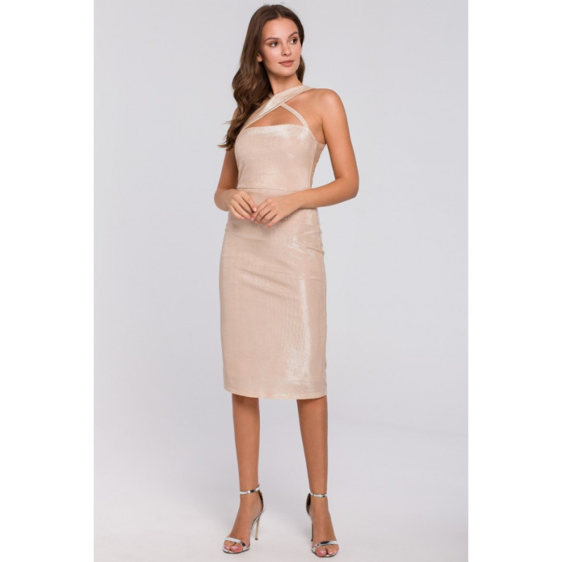 K016 Sukienka z dekoltem na krzyż - beżowa