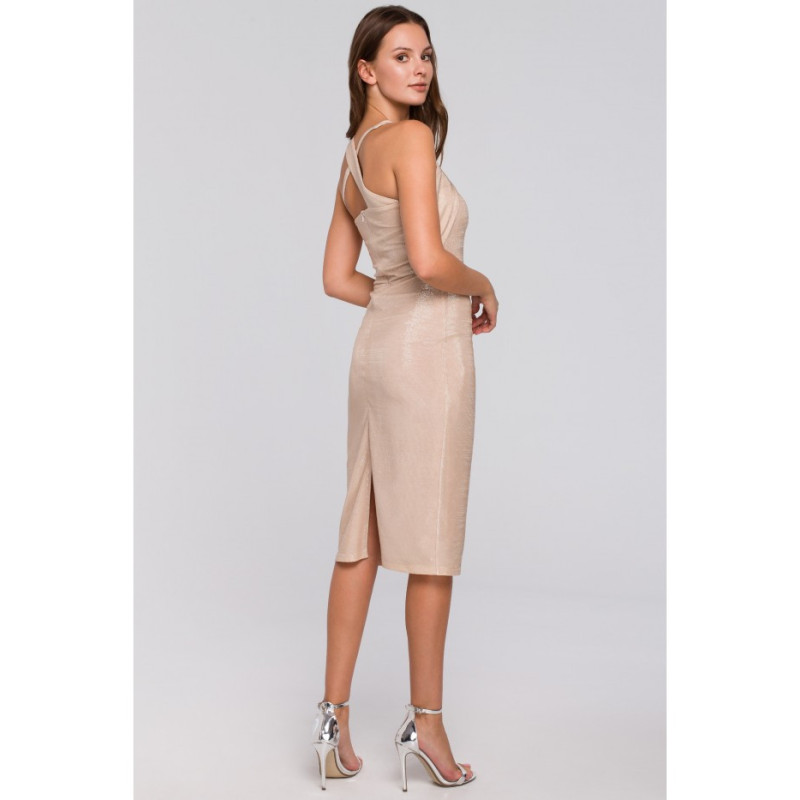 K016 Sukienka z dekoltem na krzyż - beżowa