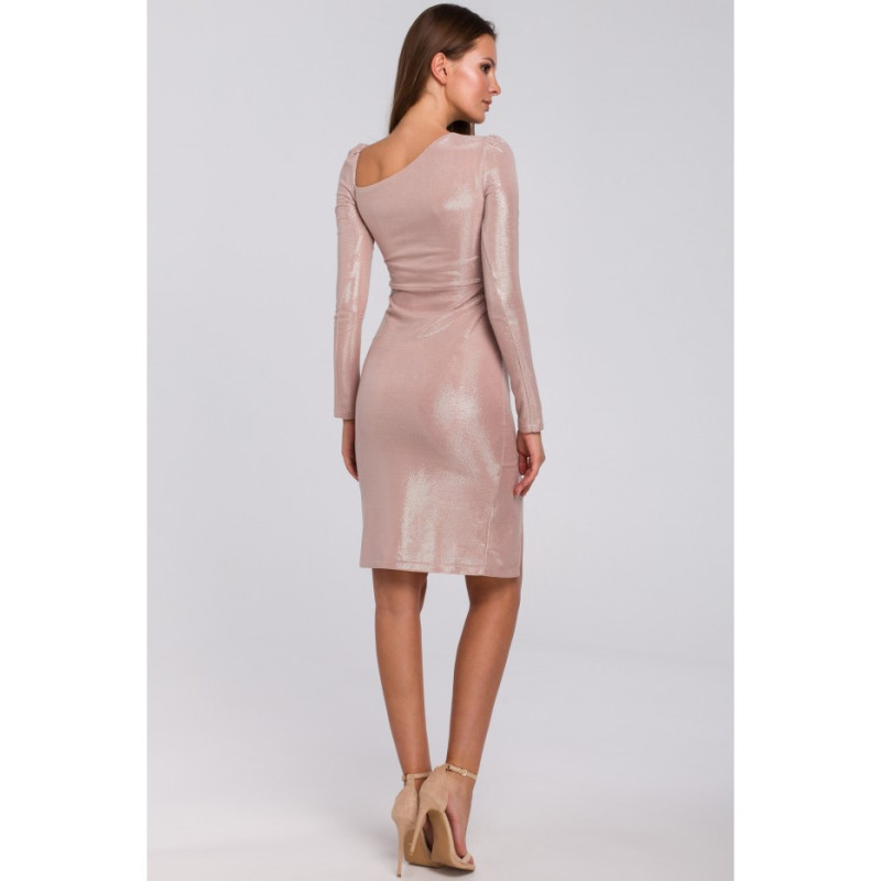 K017 Sukienka z bufiastymi rękawami - pudrowa