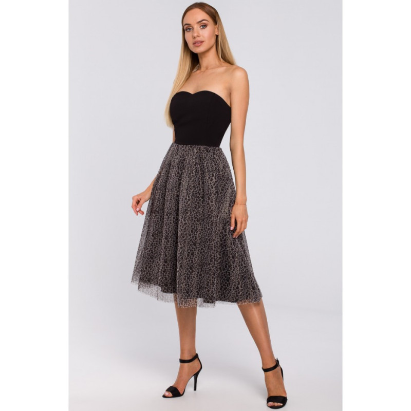 M482 Sukienka gorsetowa z tiulem w panterkę - czarna