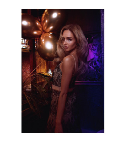 M483 Sukienka na ramiączkach z ręcznie ciętej koronki - beżowa