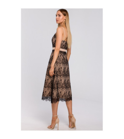 M483 Sukienka na ramiączkach z ręcznie ciętej koronki - beżowa