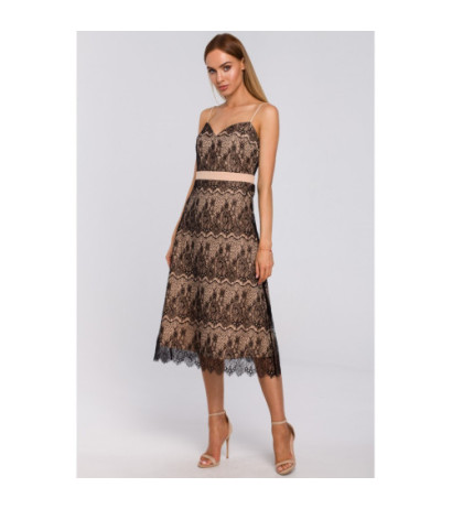 M483 Sukienka na ramiączkach z ręcznie ciętej koronki - beżowa