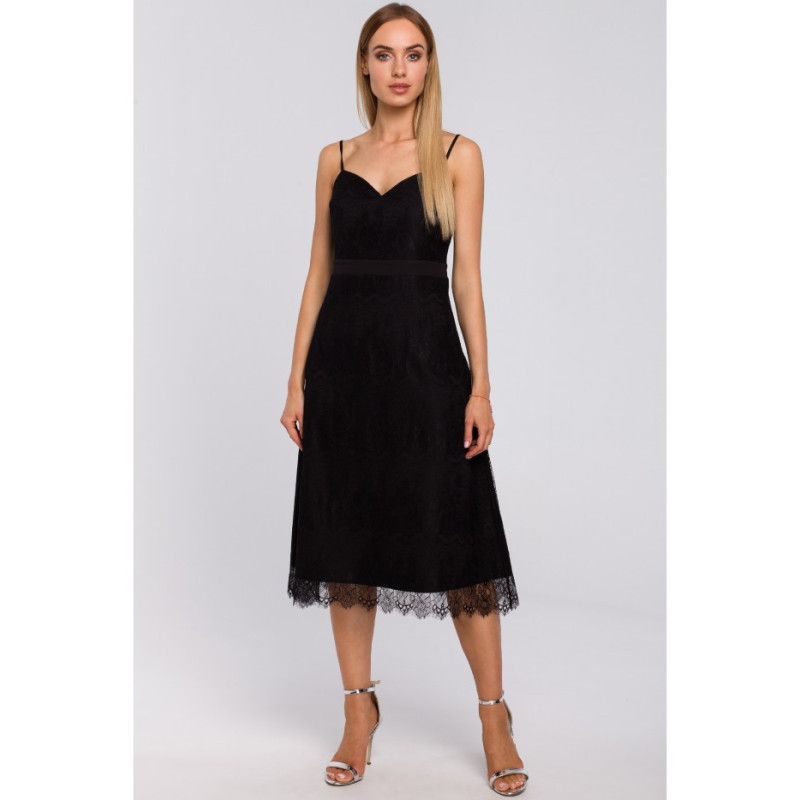 M483 Sukienka na ramiączkach z ręcznie ciętej koronki - czarna