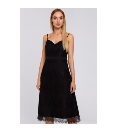 M483 Sukienka na ramiączkach z ręcznie ciętej koronki - czarna