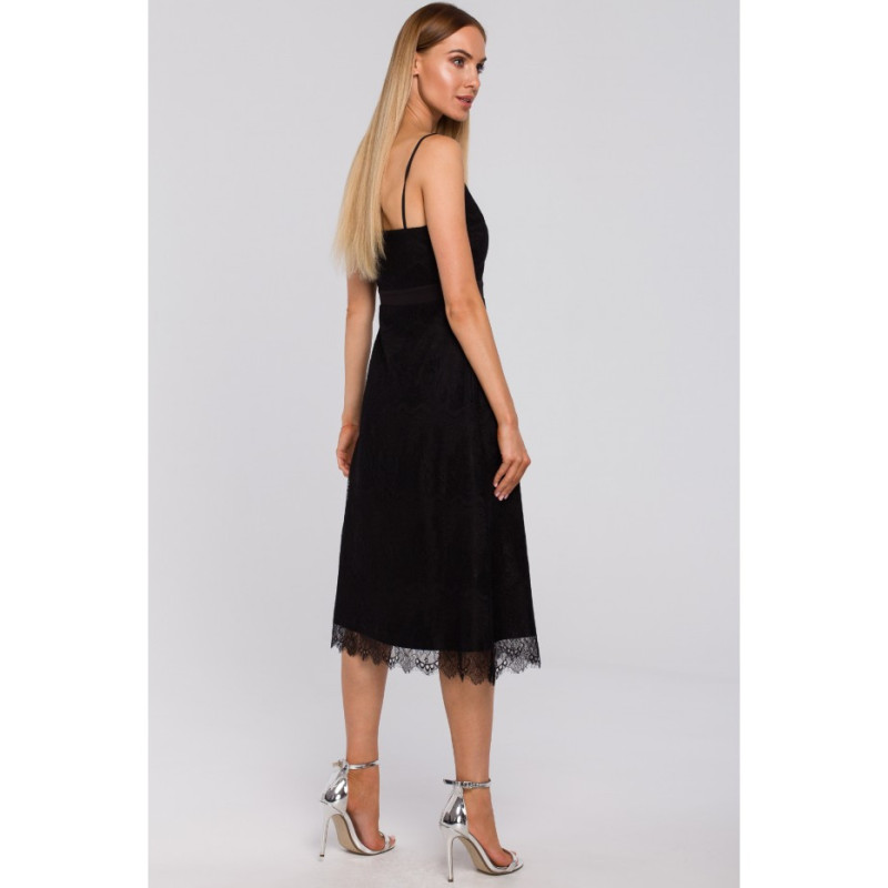 M483 Sukienka na ramiączkach z ręcznie ciętej koronki - czarna