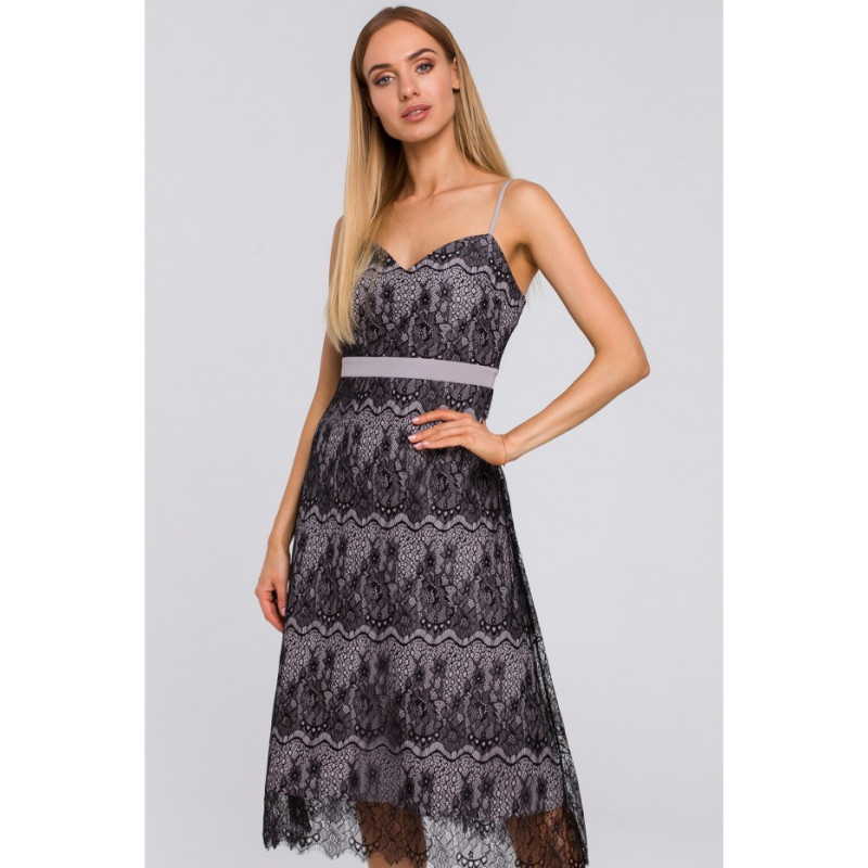 M483 Sukienka na ramiączkach z ręcznie ciętej koronki - szara