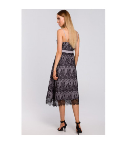 M483 Sukienka na ramiączkach z ręcznie ciętej koronki - szara