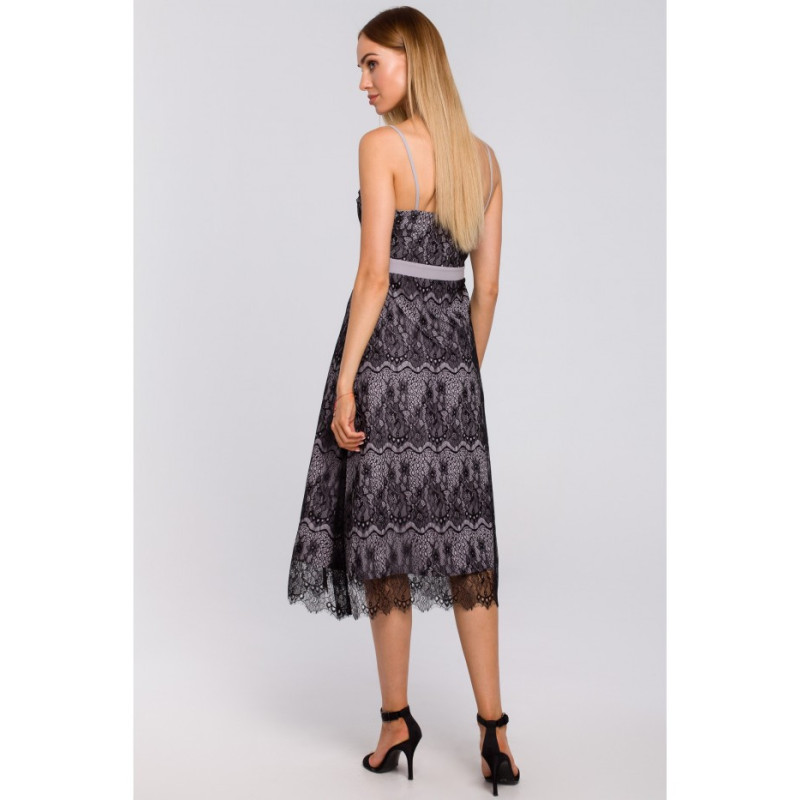 M483 Sukienka na ramiączkach z ręcznie ciętej koronki - szara