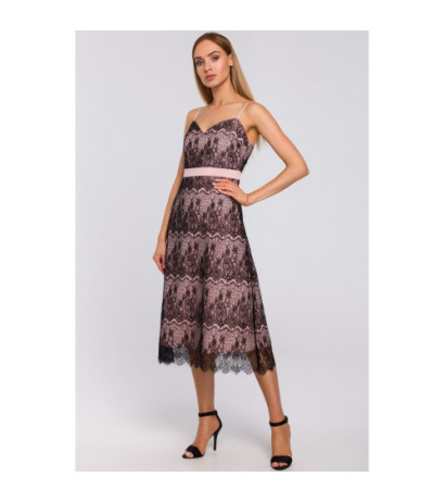 M483 Sukienka na ramiączkach z ręcznie ciętej koronki - pudrowa