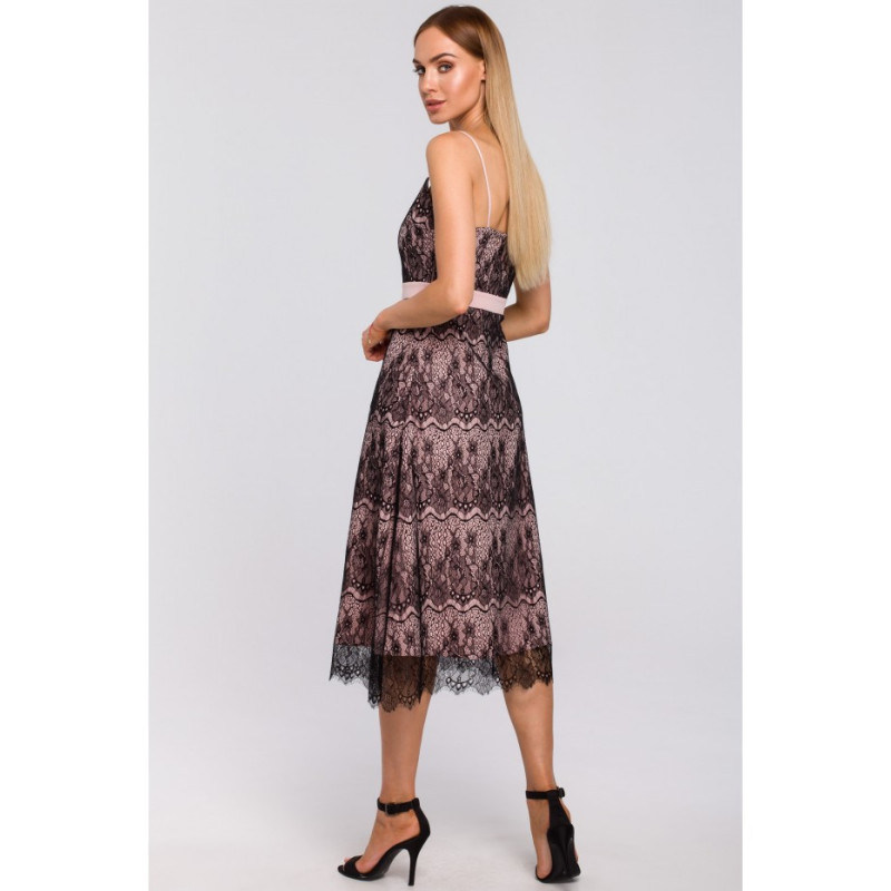 M483 Sukienka na ramiączkach z ręcznie ciętej koronki - pudrowa