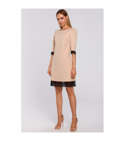 M489 Sukienka z dekoltem na plecach i koronką - beżowa