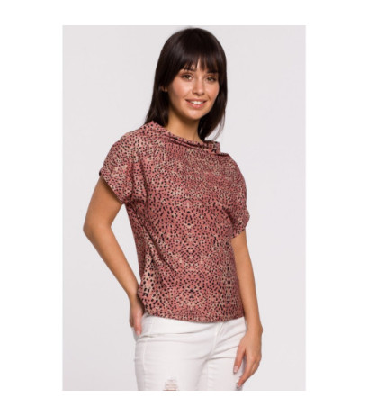 B145 Bluzka z nadrukiem i krótkim rękawem - łososiowa