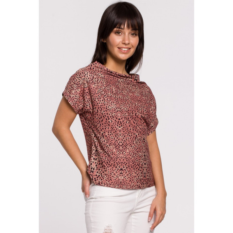 B145 Bluzka z nadrukiem i krótkim rękawem - łososiowa