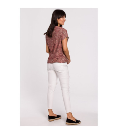 B145 Bluzka z nadrukiem i krótkim rękawem - łososiowa