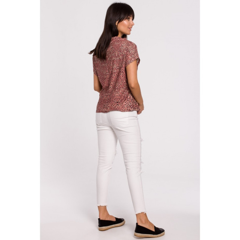 B145 Bluzka z nadrukiem i krótkim rękawem - łososiowa