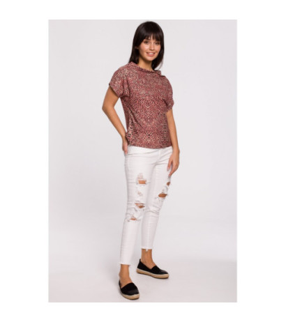 B145 Bluzka z nadrukiem i krótkim rękawem - łososiowa