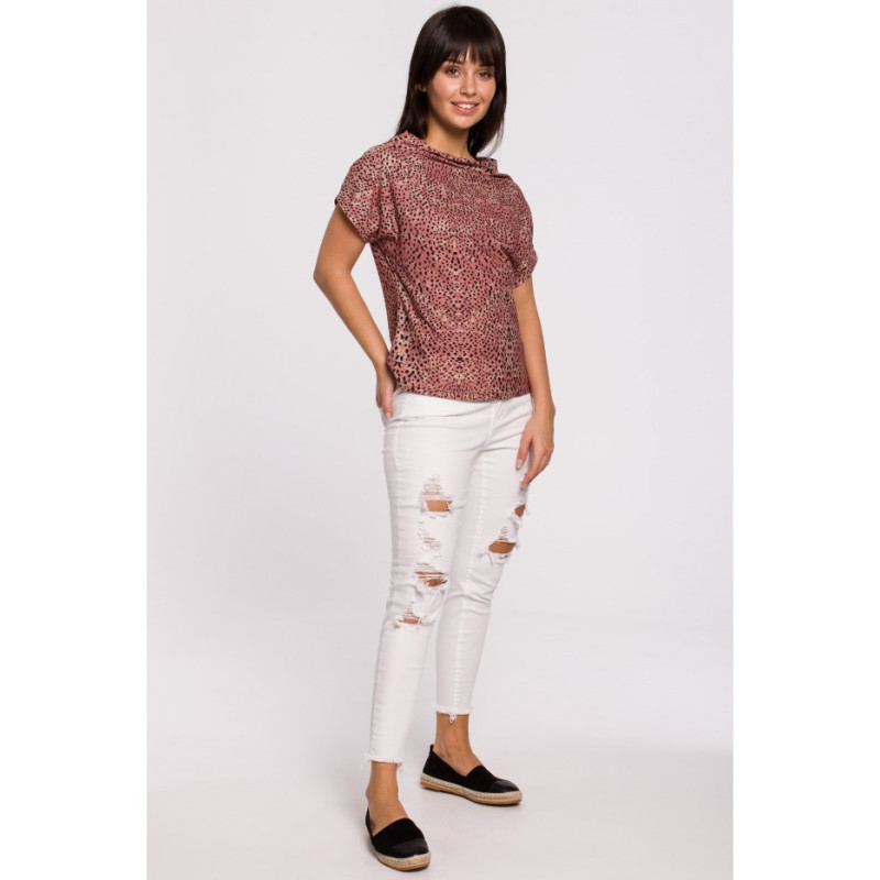 B145 Bluzka z nadrukiem i krótkim rękawem - łososiowa