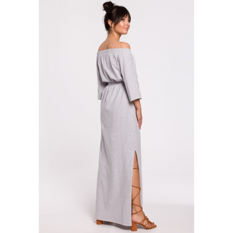 B146 Sukienka maxi z dekoltem rozkładanym na ramiona - szara
