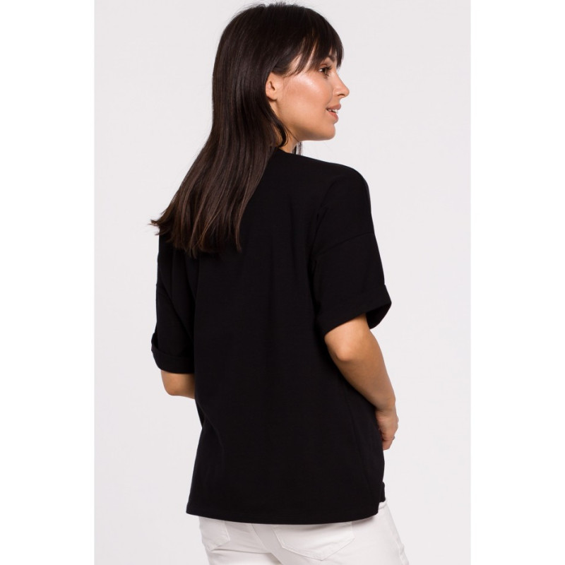 B147 T-shirt oversize z okrągłym dekoltem - czarny