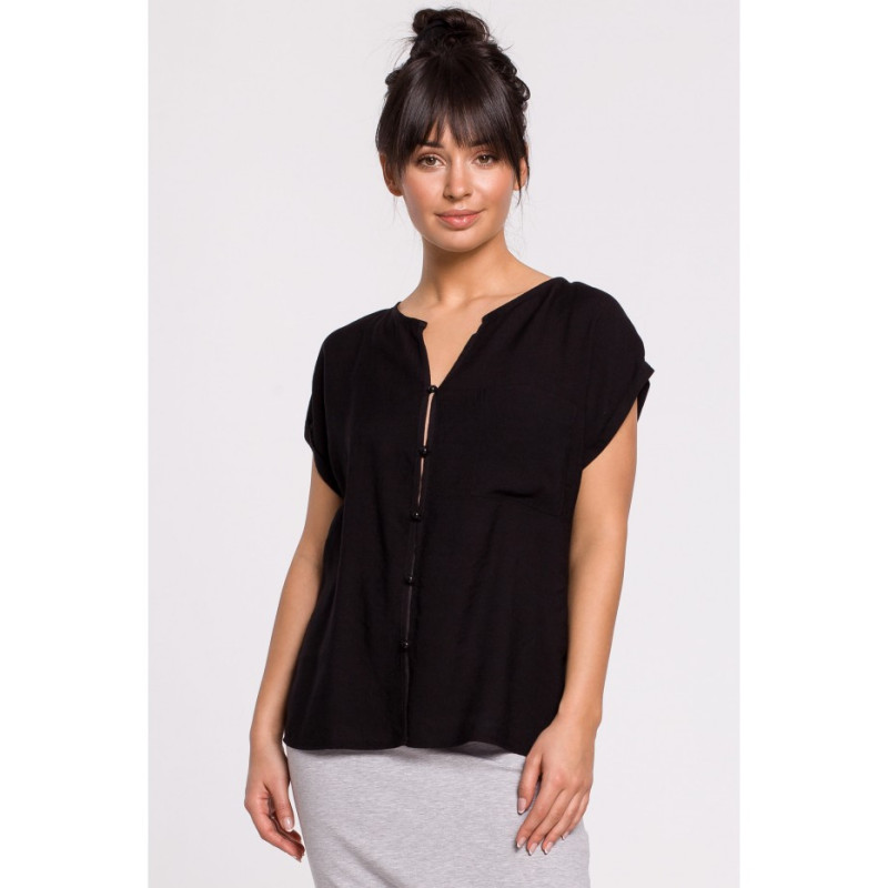 B150 Bluzka z krótkim rękawem zapinana na guziki - czarna