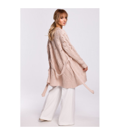 M512 Ażurowy kardigan z paskiem - pudrowy