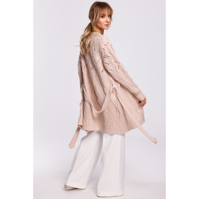 M512 Ażurowy kardigan z paskiem - pudrowy