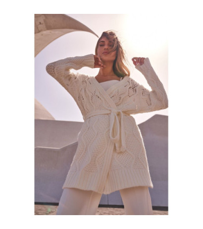 M512 Ażurowy kardigan z paskiem - ecru