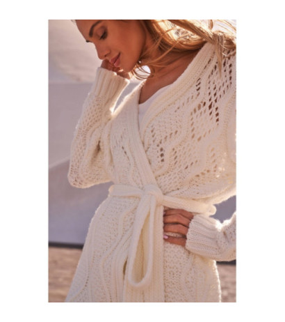 M512 Ażurowy kardigan z paskiem - ecru