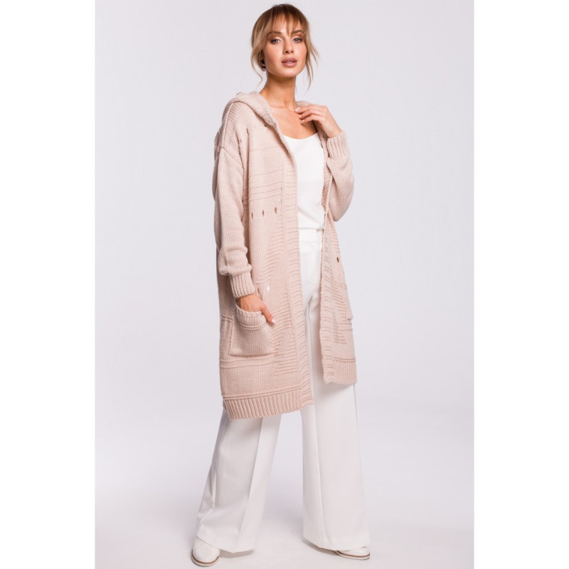 M513 Kardigan ażurowy z kapturem - pudrowy