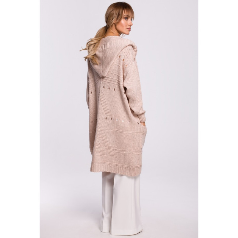M513 Kardigan ażurowy z kapturem - pudrowy