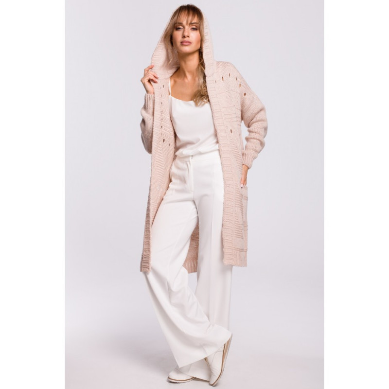 M513 Kardigan ażurowy z kapturem - pudrowy