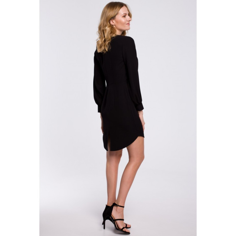 K044 Sukienka z zakładkami i bufiastymi rękawami - czarna