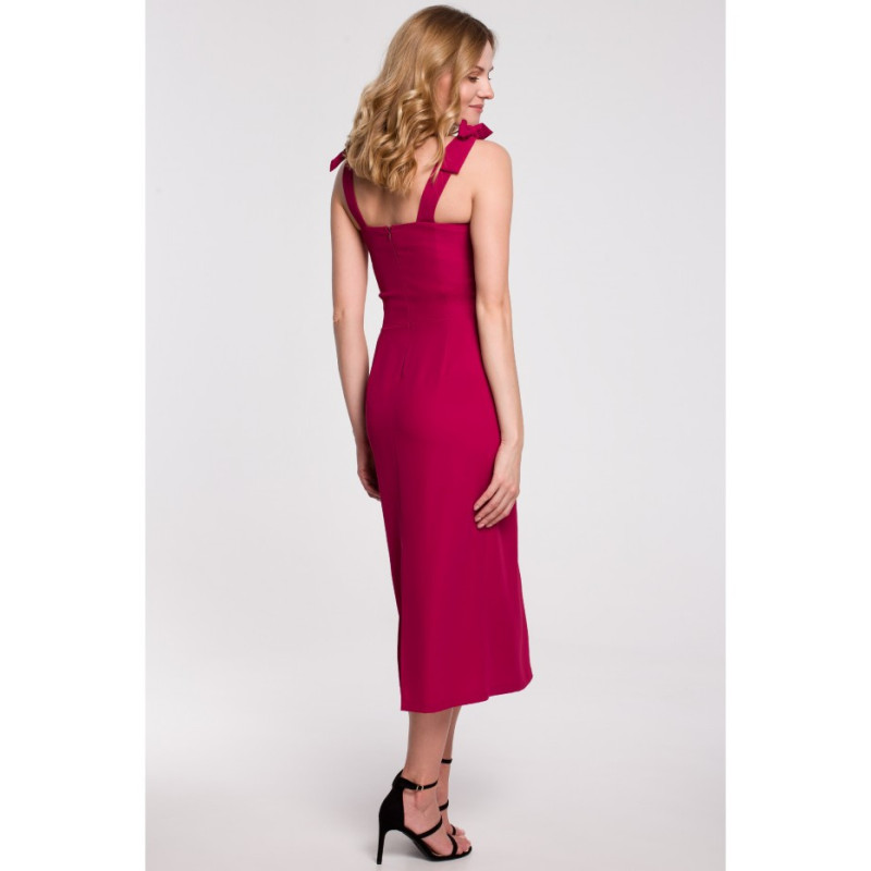 K046 Sukienka midi z wiązanymi ramiączkami - śliwkowa