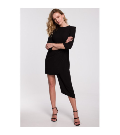 K047 Sukienka z asymetrycznym dołem i zakładkami - czarna