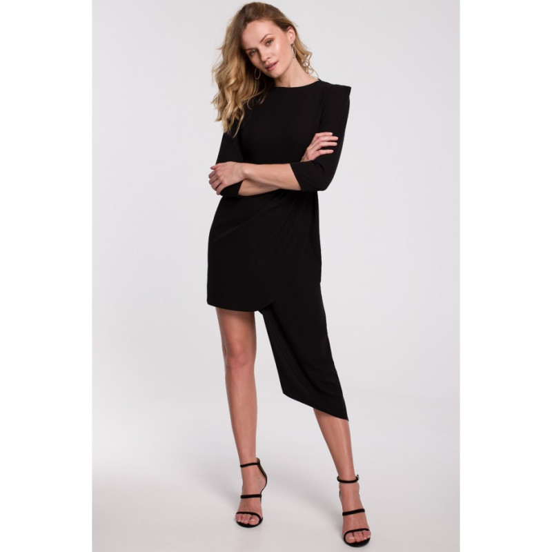 K047 Sukienka z asymetrycznym dołem i zakładkami - czarna
